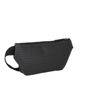 Hugo black bum bag with all-over monogram logo print, silver zip fastening, and adjustable black webbing strap