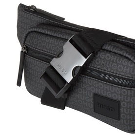 Hugo black bum bag with all-over logo print, silver-tone buckle fastening, zip top closure and black webbing strap detail