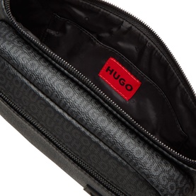 Hugo black bum bag open interior view showing black fabric lining and red Hugo logo label, zip closure detail visible