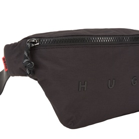 Hugo Bum Bag in black polyamide with embossed logo lettering, zip closure, and red zip pull detail