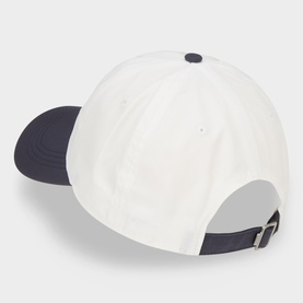 Hugo cap in natural white with navy contrast brim and adjustable metal buckle fastening, rear view