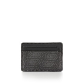 Hugo black cardholder in monogram-print polyurethane with smooth leather trim and multiple card slots.