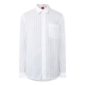 Hugo Erillo Striped Shirt in Natural, white cotton with pinstripe pattern, point collar, chest patch pocket, and long sleeves