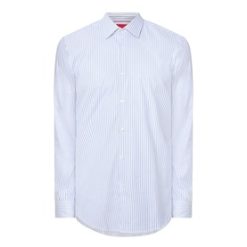 Hugo Kenno Stripe Shirt in Open Blue, white stripe pattern, cut-away collar, long sleeves, single cuff, curved hemline, 100% cotton