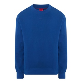 Hugo open blue cotton crew neck sweatshirt with tonal logo print on chest, relaxed fit