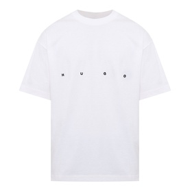 Hugo crew neck T-shirt in natural white, 100% cotton, with spaced letter logo print across the chest, short sleeves