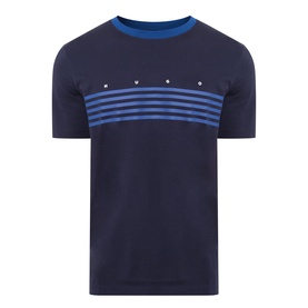 Hugo dark blue cotton crew neck T-shirt with blue horizontal chest stripes and small logo lettering