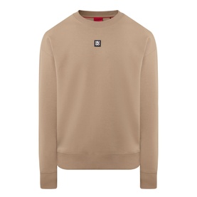 Hugo crew neck sweatshirt in beige with small square logo patch at chest, ribbed cuffs and hem