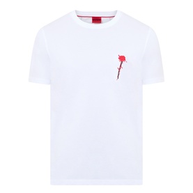 Hugo Diflow Logo T-Shirt in white with red rose graphic on chest, crew neck, short sleeves, straight hem