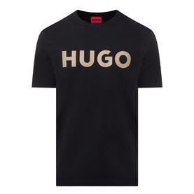 Hugo crew neck T-shirt in black with large gold logo print on chest, short sleeves, 100% cotton