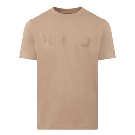 Hugo medium beige cotton crew neck T-shirt with tone-on-tone embossed logo lettering at chest