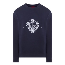 Hugo dark blue cotton crew neck sweatshirt with embroidered anchor and floral crest graphic to chest