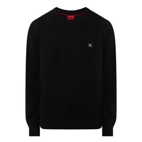 Hugo crew neck knit jumper in black with small logo patch on chest, ribbed cuffs and hem