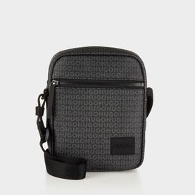 Hugo black crossbody bag with all-over logo print, zip closure, front pocket, and adjustable black shoulder strap