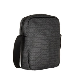 Hugo black crossbody bag with all-over logo print, silver-tone zip, and adjustable black shoulder strap