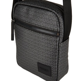 Hugo black crossbody bag with allover logo print, zip closure, rubberised brand patch, and adjustable black shoulder strap