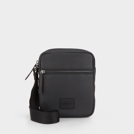 Hugo Ethon 2.0 Crossbody Bag in black pebble-texture finish, zip top and front pocket, silver-tone hardware, adjustable woven strap