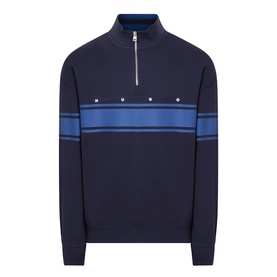 Hugo dark blue cotton half-zip sweatshirt with chest stripe detail, silver zip, and snap button chest pockets