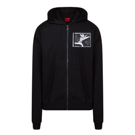 Hugo black zip-through hoodie in cotton with chest graphic patch featuring bird print detail and front kangaroo pockets