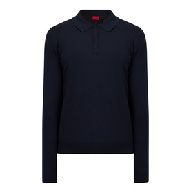 Hugo navy long-sleeve knitted polo shirt with ribbed collar and three-button placket, in fine viscose-polyester blend