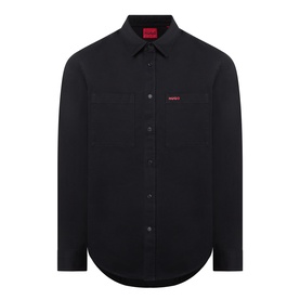 Hugo Egrin Logo Overshirt in black, pointed collar, chest pocket, button fastenings, curved hemline, red logo detail