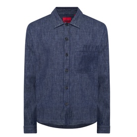 Hugo Ejiri Denim Overshirt in Open Blue, point collar, front button fastening, chest patch pocket, dark wash finish