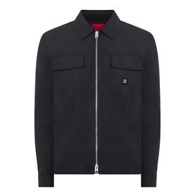Hugo black polyester overshirt with zip front, two chest pockets, point collar and silver-tone zip detail