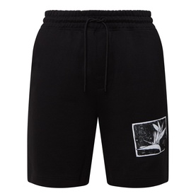 Hugo black cotton shorts with drawstring waist and botanical graphic patch on left leg