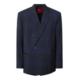 Hugo dark blue check double-breasted wool suit jacket with notch lapels and six-button front