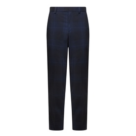 Hugo Hogan263X Tonal Check Suit Trousers in dark blue, slim-leg cut with pressed creases, belt loops, and concealed fly fastening