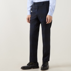 Model wearing Hugo Hogan263X Tonal Check Suit Trousers in dark blue, slim-leg with pressed creases, styled with light blue shirt and black dress shoes