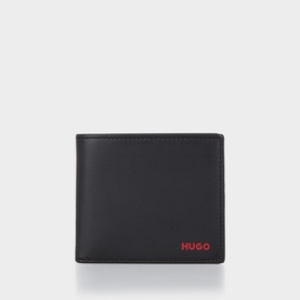 Hugo black leather bifold wallet with red logo branding, smooth finish exterior