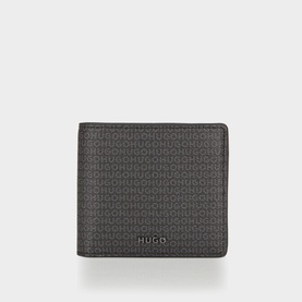 Hugo black bifold wallet with all-over monogram logo print and gunmetal branded plaque, synthetic material