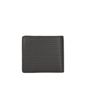 Hugo black bifold wallet with all-over monogram logo print, synthetic exterior, shown from reverse angle