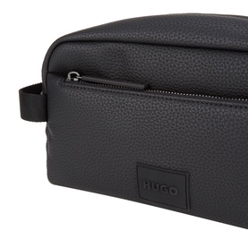 Hugo Ethon 2.0 Wash Bag in black pebble-textured faux leather with silver-tone zip, front pocket, and logo badge patch.