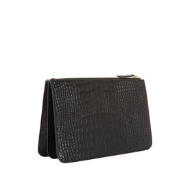 Toteme Threefold Croco-Embossed Clutch in black with gold-tone zip hardware and croco-embossed leather, angled side view