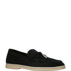 Steve Madden Portland Logo Charm Loafers in black suede with metal logo accent and cream flat sole