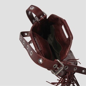 Maje burgundy leather bucket bag, silver eyelet and buckle detail, fringe trim, open-top view showing interior