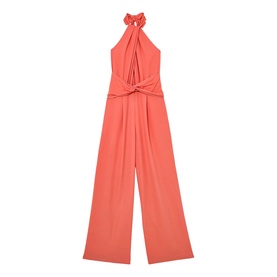 Reiss coral pink halterneck jumpsuit with twist-knot front detail and wide-leg trousers, no model