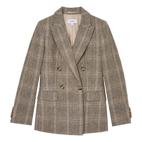 Reiss neutral check double-breasted blazer with notch lapels, flap pockets, and button cuffs