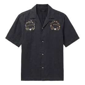 All Saints jet black short-sleeve shirt with camp collar and gold floral wreath embroidery on chest