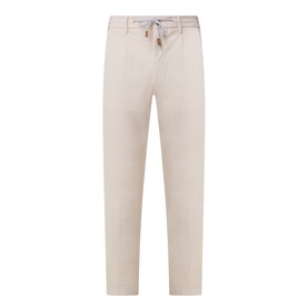 Eleventy Iconic Garment-Dyed Trousers in sand, mid-rise tapered leg with drawstring waist, pressed creases and tonal stitching
