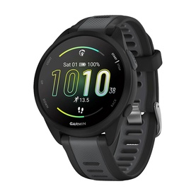 Garmin Forerunner 165 Smartwatch Music in Black and Slate Grey, round GPS running watch with black silicone strap and digital display