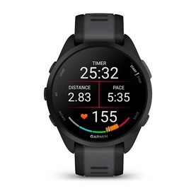 Garmin Forerunner 165 Smartwatch Music in Black and Slate Grey, round GPS running watch displaying timer, distance, pace and heart rate data.