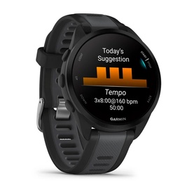 Garmin Forerunner 165 Smartwatch in black, displaying a Tempo running workout suggestion on the screen with orange accent graphics.