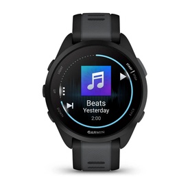 Garmin Forerunner 165 Music Smartwatch in black and slate grey, displaying music playback screen with Beats track on circular dial