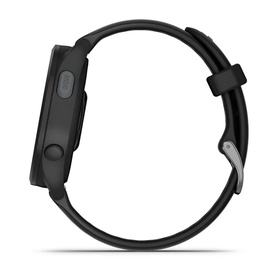 Garmin Forerunner 165 Smartwatch in black, side profile view showing slim case, button detail and black silicone strap.