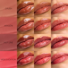 NARS Afterglow Lip Balm swatch grid showing four shades: Crush, Arag&oacute;n, Hot Line, and Miseducation, each in three finishes on lips