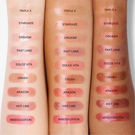 NARS Afterglow Lip Balm shade swatches on three skin tones, showing Triple X, Stargaze, Orgasm, Fast Lane, Dolce Vita, Crush, Aragon, Hot Line