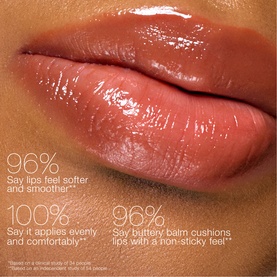NARS Afterglow Lip Balm in Triple X shown on lips with glossy, plumping finish and clinical claim statistics overlay